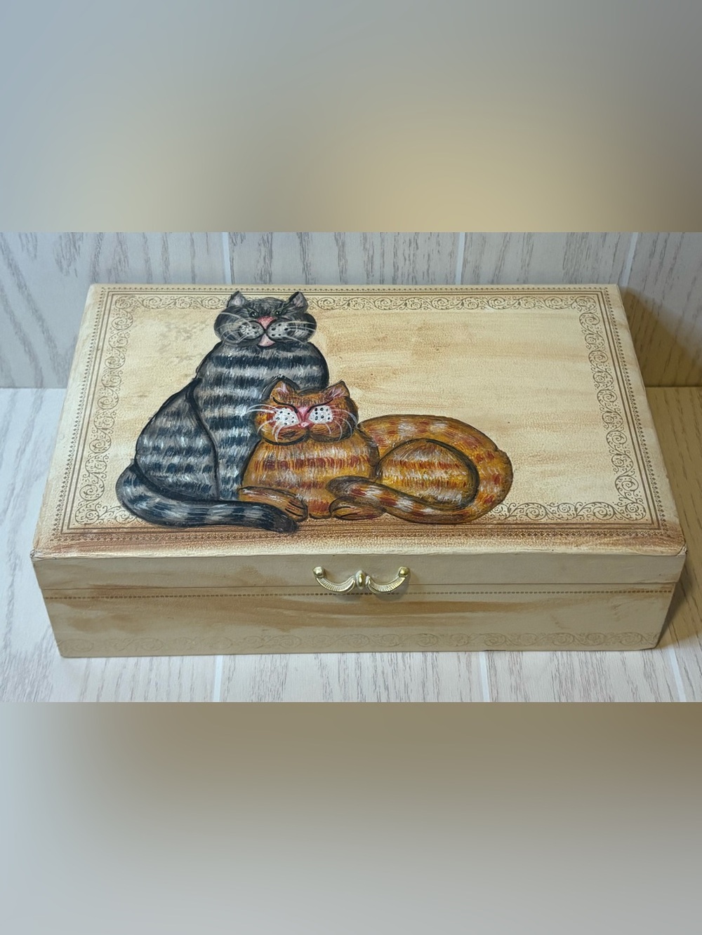 Vintage Jewelry Box Faux Leather Handpainted Cat Design